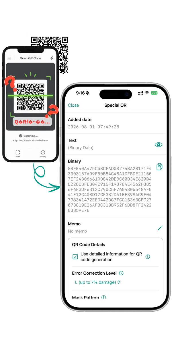 Two phones side by side: on the left another scanner app shows the scan result as broken characters, and an arrow leads to QRefine on the right, where the same code is shown as a text field and hexadecimal bytes, together with its error correction level.