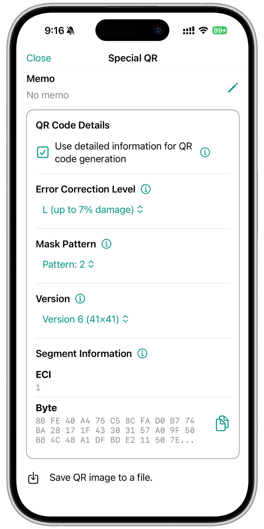 The QRefine code details screen on a phone for the saved code "Special QR": below the memo field, the QR Code Details section lists the error correction level L (up to 7% damage), mask pattern 2, version 6 (41x41) and the segment information with ECI 1 and the Byte segment as hexadecimal bytes, followed by a button to save the QR image to a file.