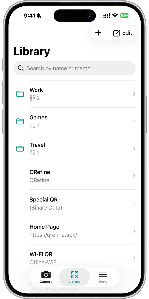 The QRefine library screen, with a field for searching by name or memo, the folders Work, Games and Travel with the number of codes in each, and saved codes such as QRefine, Special QR (Binary Data), Home Page and Wi-Fi QR listed with their memos.