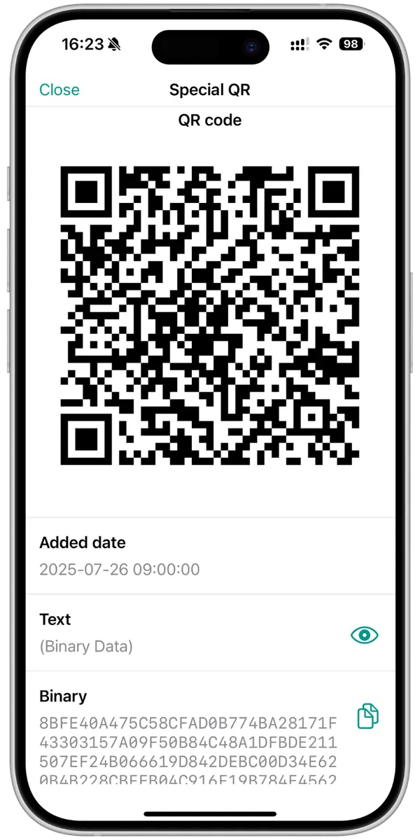 The QR code screen in QRefine for the saved code "Special QR": the QR code fills the upper half of the screen, followed by the added date, the text field showing (Binary Data), and the binary field with the raw bytes in hexadecimal.