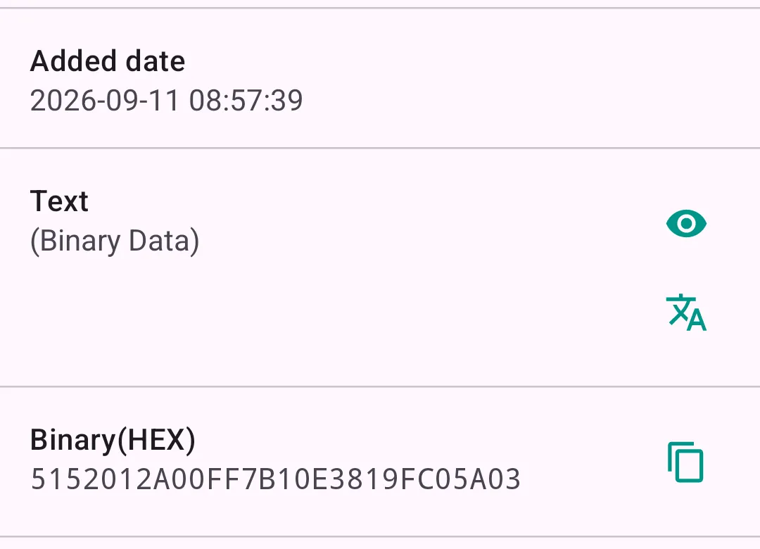 Screenshot of the QR code detail screen in QRefine. The text field reads "(Binary Data)", and the Binary(HEX) field below it shows 5152012A00FF7B10E3819FC05A03.